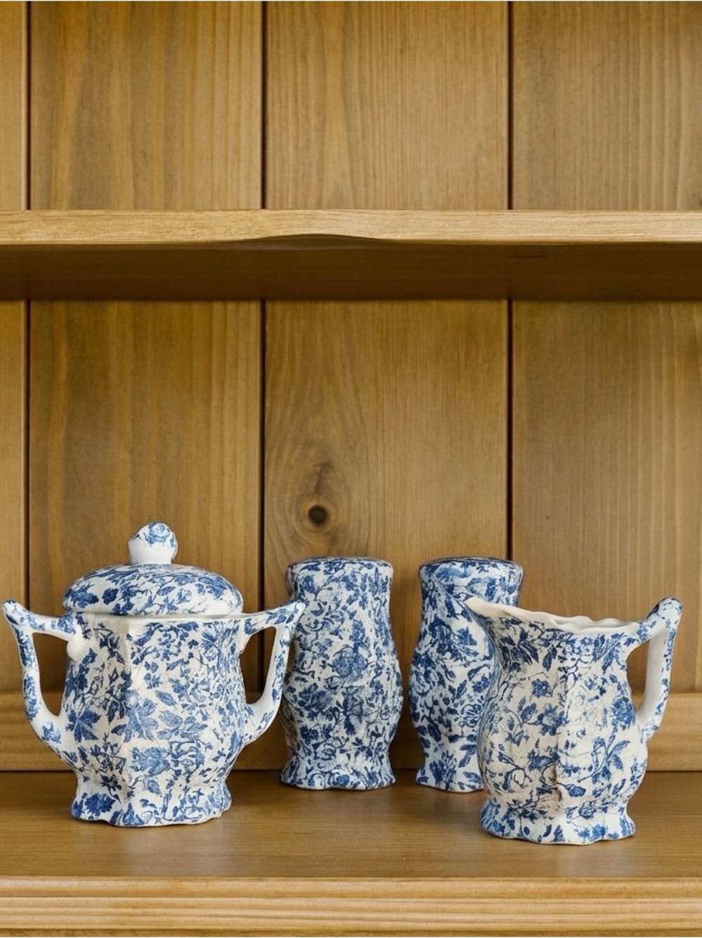 Vintage Enesco Blue White Chintz Sugar Creamer Salt Pepper Set Japan Shabby Chic